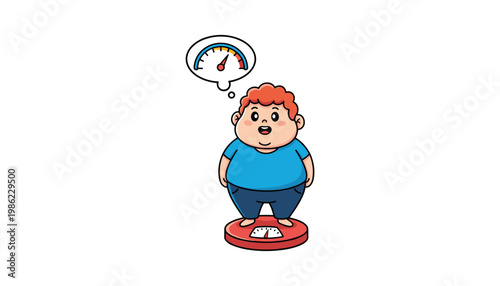 overweight boy standing on a scale with a worried expression