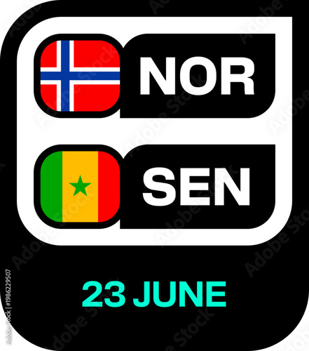 Norway Senegal Football Match Fixture Graphic for 2026 Tournament Qualification Displaying Flags and Team Abbreviations in Modern Style.
