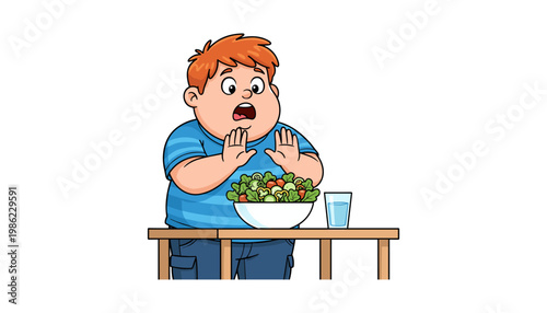 cartoon boy refusing salad at table with shocked expression