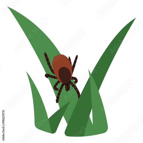 Tick on Grass in Nature. Flat vector illustration of parasite in outdoor environment, symbol of infection risk and Lyme disease. Perfect for ecology and safety design.