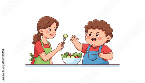 children cooking together, kids in aprons preparing salad