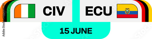 Football 2026 qualification match announcement for Cote d'Ivoire and Ecuador teams, showcasing a stylized group stage fixture graphic.