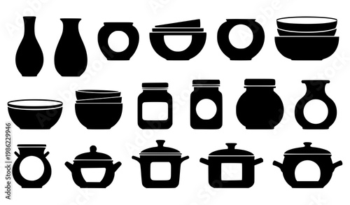 Black ceramic vases kitchenware silhouette vector set home decor