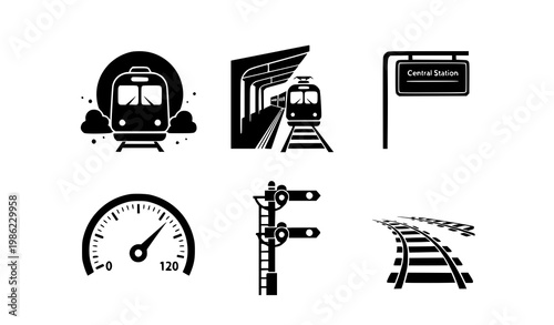 Railway icons vector train tunnel station speedometer signals set