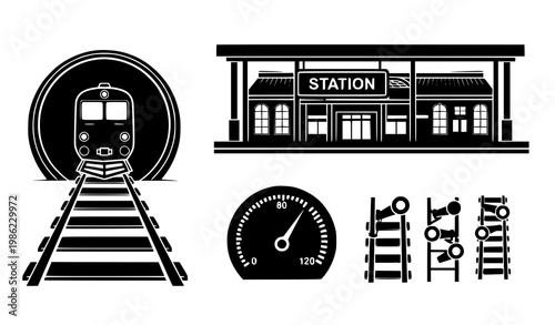 Train railway icon set vector tunnel station signal speedometer black