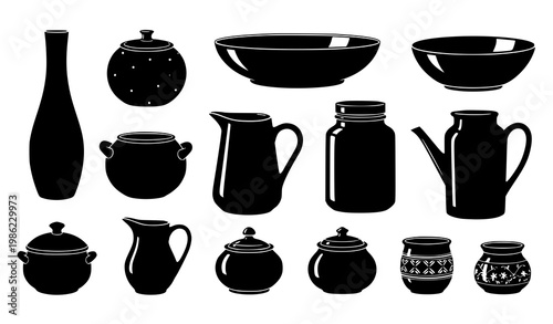 Ceramic kitchenware silhouettes vector black vases pots bowls set
