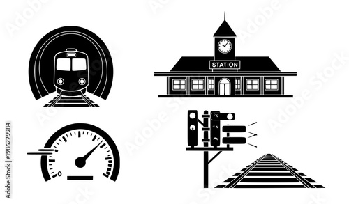 Rail transport icons vector black train tunnel station signals set