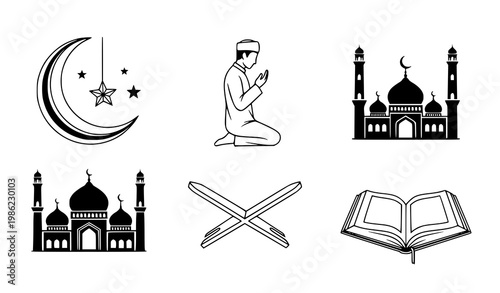 Ramadan symbols vector black white crescent mosque prayer book set