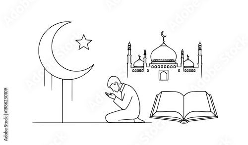 Ramadan vector illustration black white mosque prayer crescent book set