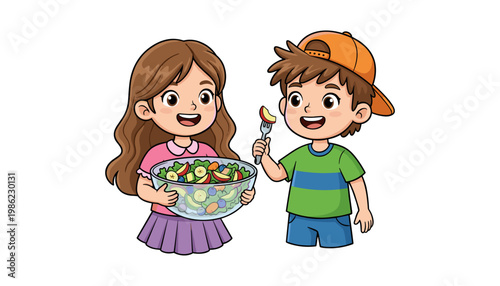 happy kids eating healthy salad