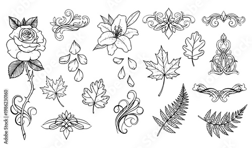 Flower tattoo vector set floral patterns black ink botanical design