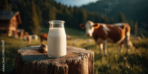 Fresh Milk in Glass and Jug on Wooden Stump with Grazing Cow in Meadow
