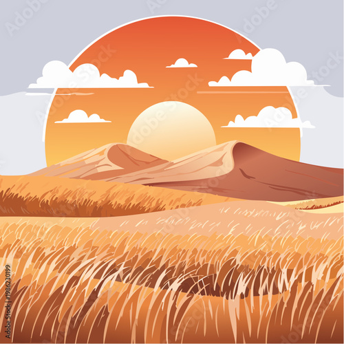 Ein friedlicher afrikanischer Sonnenuntergang taucht die weite Savannenlandschaft in warmes, goldenes Licht