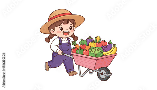 happy girl pushing wheelbarrow full of colorful vegetables and fruits