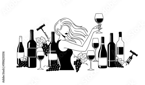 Wine illustration vector black white grapes bottles glasses woman design