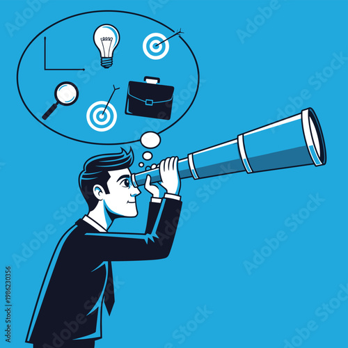 Businessman looking through telescope with visionary ideas and goals