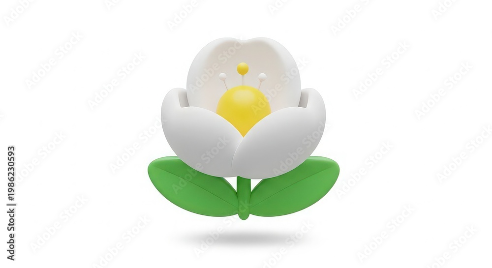 Fototapeta premium 3D illustration of a white flower with green leaves and a yellow center isolated on white background, illustration