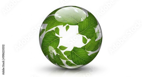 a spherical glass ornament with green leaves and white background isolated on white background, illustration