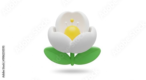 3D illustration of a white flower with green leaves and a yellow center isolated on white background, illustration