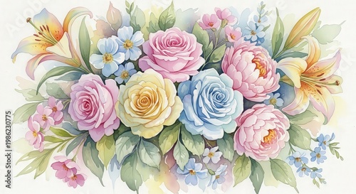 a beautiful bouquet of pastel flowers in full bloom isolated on white background, illustration