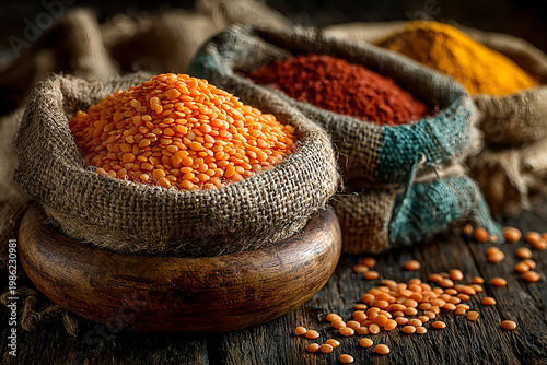 Red lentils in bowl. Dry orange lentil grains, heap of dal, raw daal, dhal, masoor, Lens culinaris or Lens esculenta, super foods, seeds and grains for vegan and vegetarian eating. Clean eating.