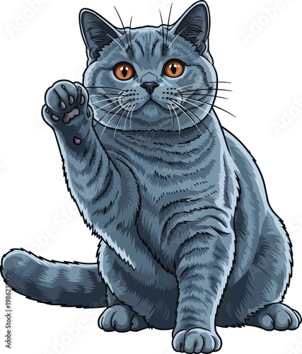 British Shorthair cat sitting waving paw raised cute illustration