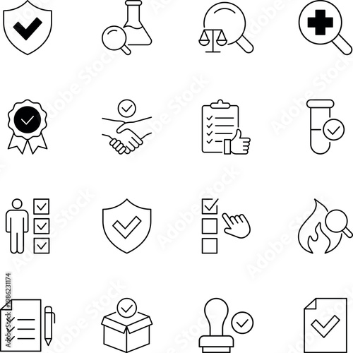 Quality assurance verification approval line icons set