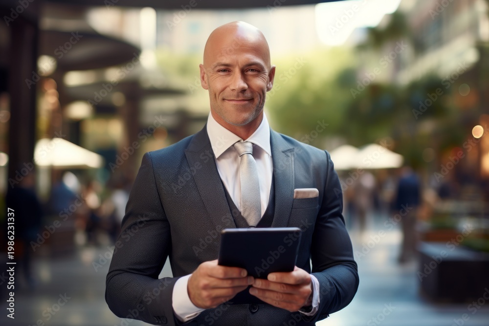 Fototapeta premium Confident businessman in formal attire using tablet in urban setting while smiling at camera
