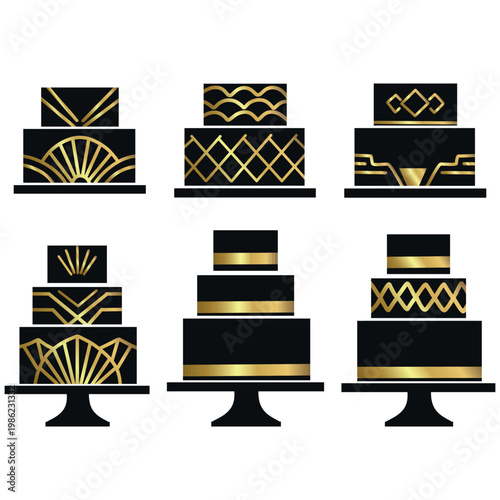 Set of elegant black tiered cakes with gold Art Deco patterns, designed in a minimal luxury style. Perfect for premium celebration, wedding, and branding concepts.