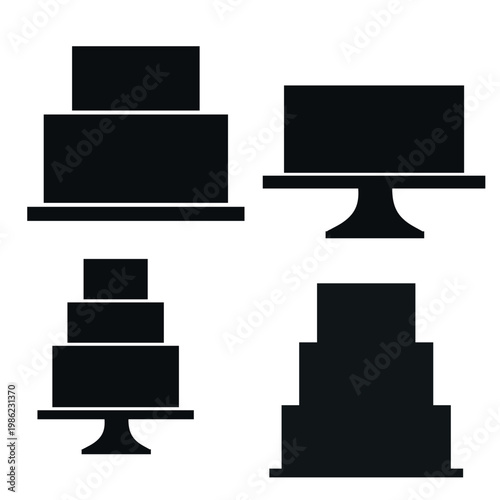 Set of minimal tiered cake silhouettes in a clean flat style, perfect for celebration, wedding, and birthday design use. Ideal for icons, templates, and graphic elements.