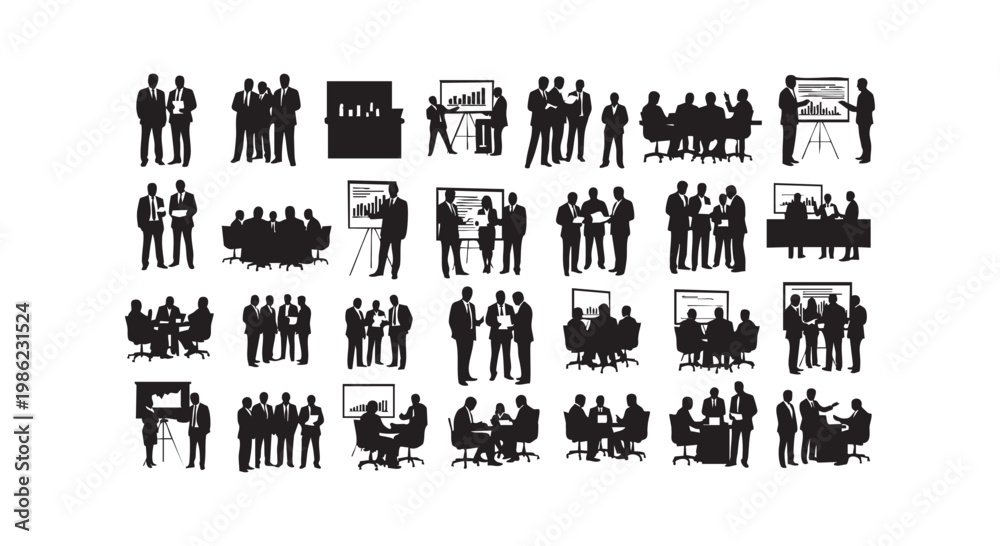 Fototapeta premium Business meeting silhouettes, team discussion, presentation, handshake, professional collaboration, corporate environment.