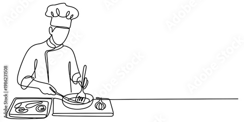Professional chef in a uniform cooking a gourmet meal in a continuous line art style Vector, illustration