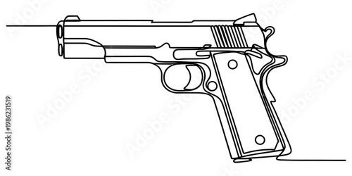 Continuous line drawing of a semi-automatic handgun on a white background Vector, illustration
