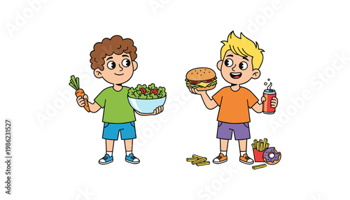 Two cartoon boys choosing between healthy and junk food