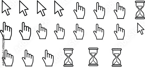 Cursor icons and hand pointer set with clicking gestures arrow symbols and hourglass loading signs outline vector illustration collection