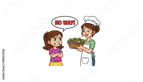 cartoon girl refusing healthy vegetables from chef