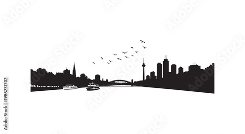 City skyline silhouette along river bank with bridge buildings tower and flying birds for urban landscape architecture.