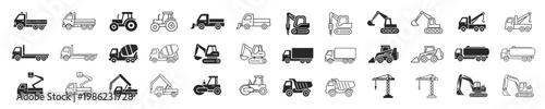 Construction vehicles equipment transport outline icon set on transparent background
