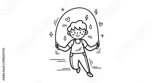 A cartoon illustration of a smiling woman jumping rope with hearts and sweat drops.