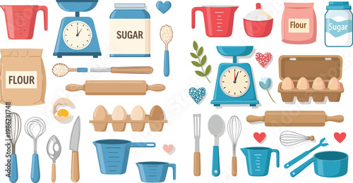 Baking tools and ingredients set with flour sugar eggs kitchen utensils measuring cups and cooking equipment illustration collection