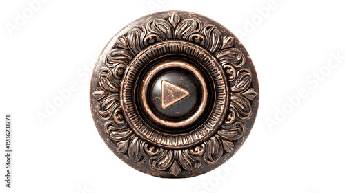 Ornate Bronze Play Button with Intricate Floral Ring