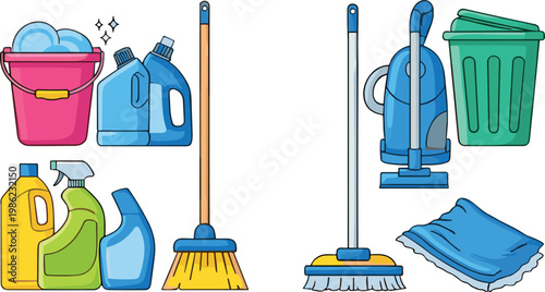 Cleaning supplies collection with mop, broom, detergent, vacuum cleaner and household equipment isolated vector illustration set