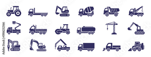 Construction vehicles equipment transport outline icon set on transparent background