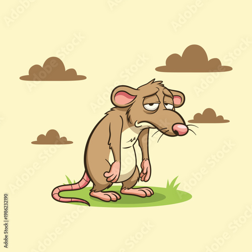 Cartoon Handdrawn Depressed Rat Standing on Grass with Cloud Illustration