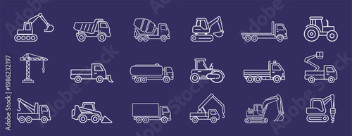 Construction vehicles equipment transport outline icon set