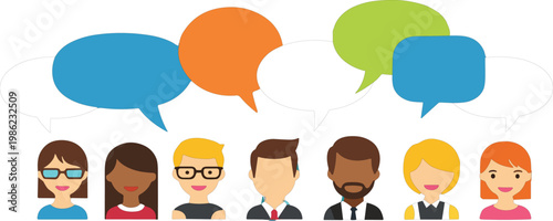 Business Team Communication Vector Set with Office People Characters Speech Bubbles Discussion Meeting and Social Interaction Illustration Collection