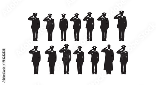 Collection of officers in uniform saluting, military personnel illustration.