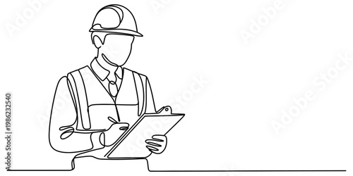 A construction worker wearing a hard hat and safety vest is shown in a single continuous line drawing, meticulously writing notes on a clipboard. This minimalist illustration is ideal for concepts rel
