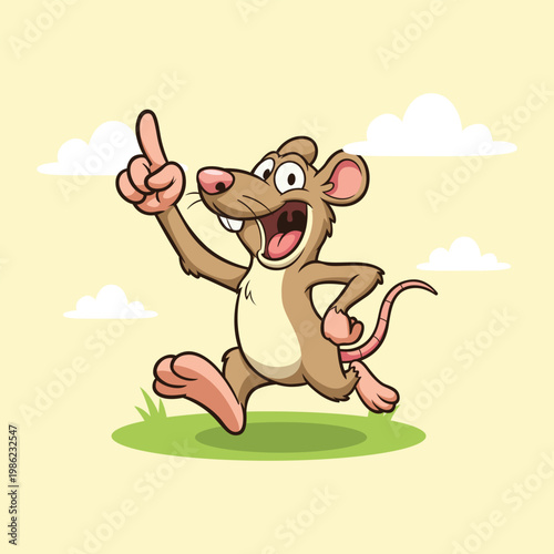Cartoon Cheerful Running Rat with Pointing Finger Character Illustration