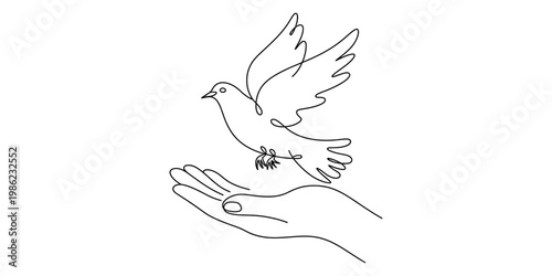 A minimalist line drawing depicts a dove ascending from an open human hand, embodying concepts of peace, hope, and liberation. Ideal for spiritual, charitable, or conceptual marketing campaigns.